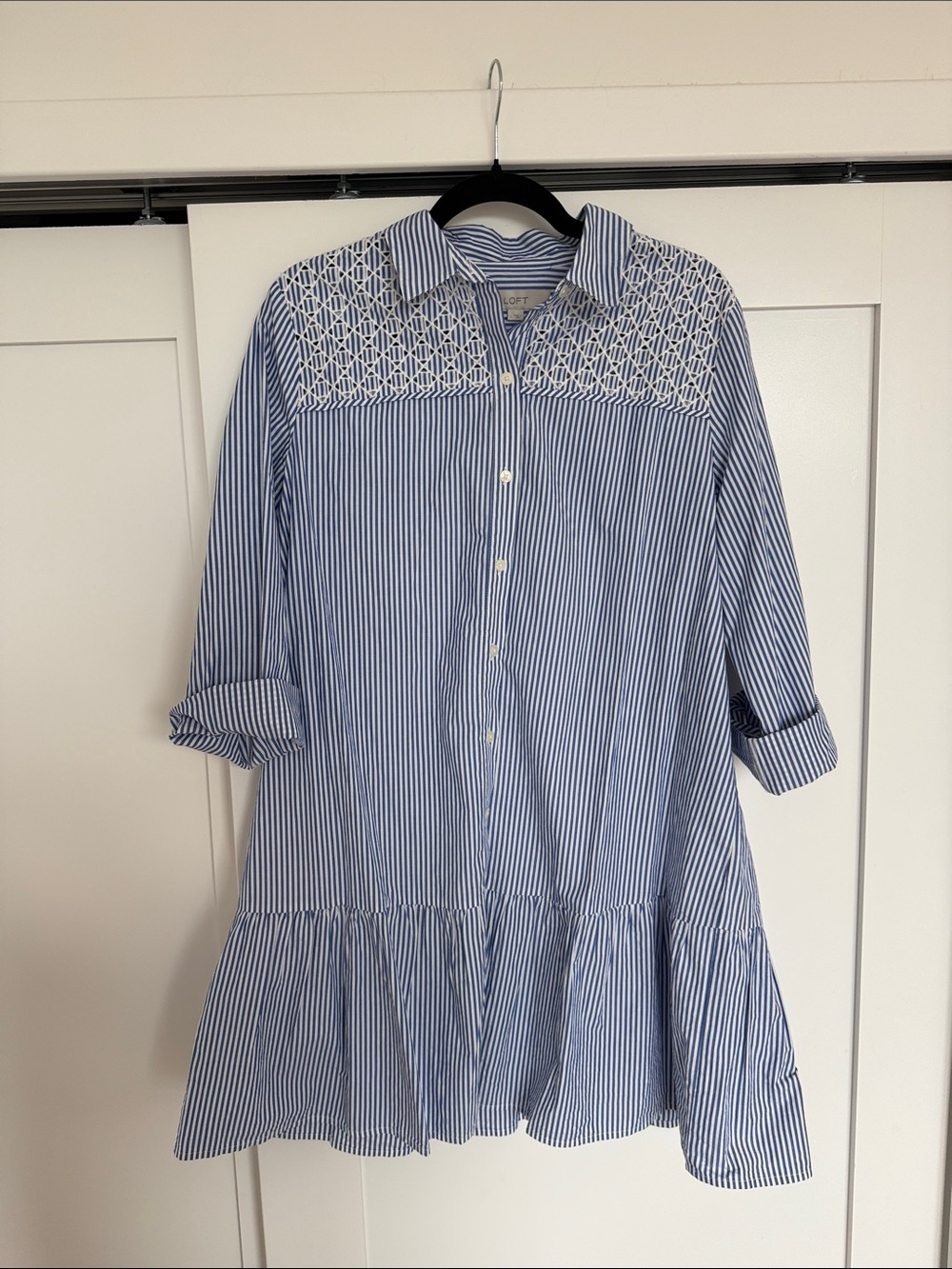 LOFT Blue & White Striped Button-Up Tiered Tunic